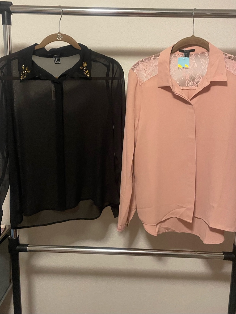 Forever 21 Black Sheer Button-Down Blouse with Embellished Collar